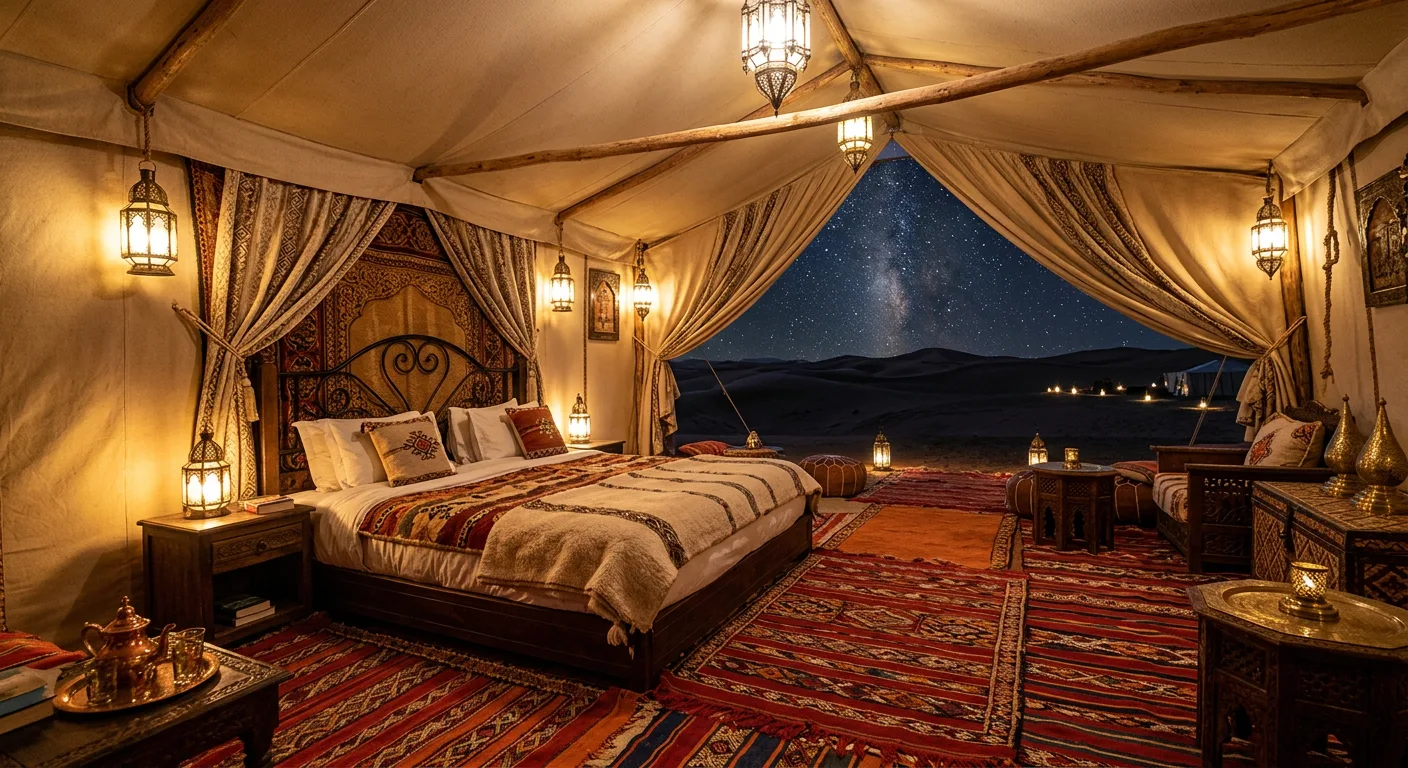 A luxury glamping tent in the Sahara — upgrading the camp standard is the biggest swing in a desert tour price