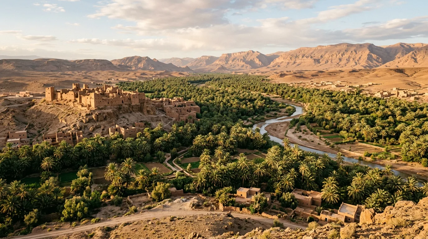 Palm groves of the Drâa valley glowing green at dusk