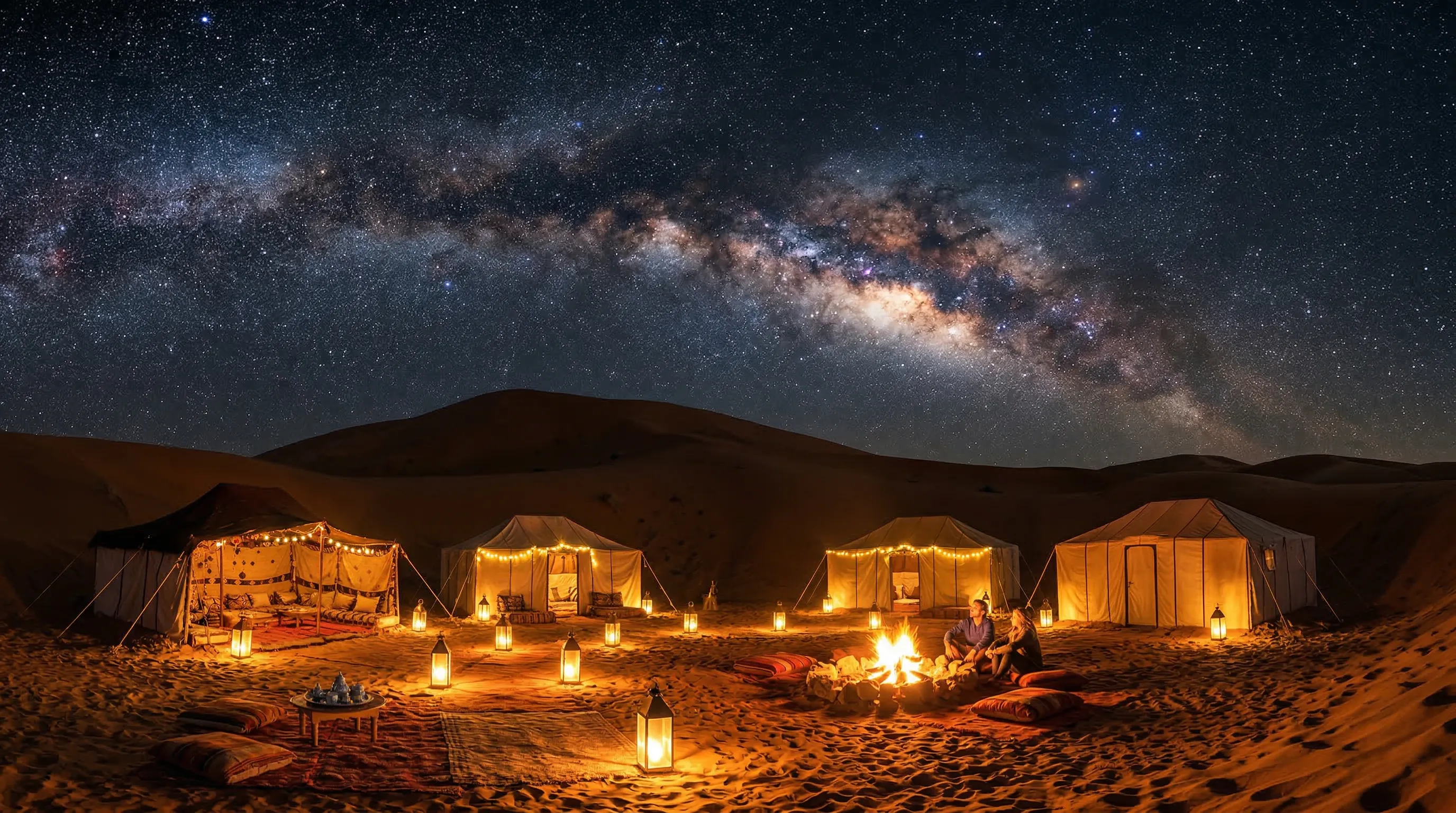 A star-filled sky over a quiet Sahara desert camp on a cold, clear winter night