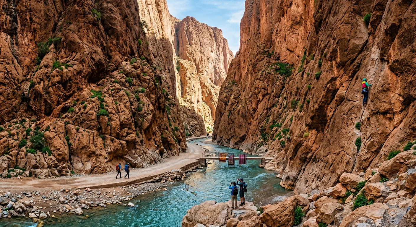 The towering red walls of the Todra Gorge near Tinghir, a stop on the Sahara desert tour route