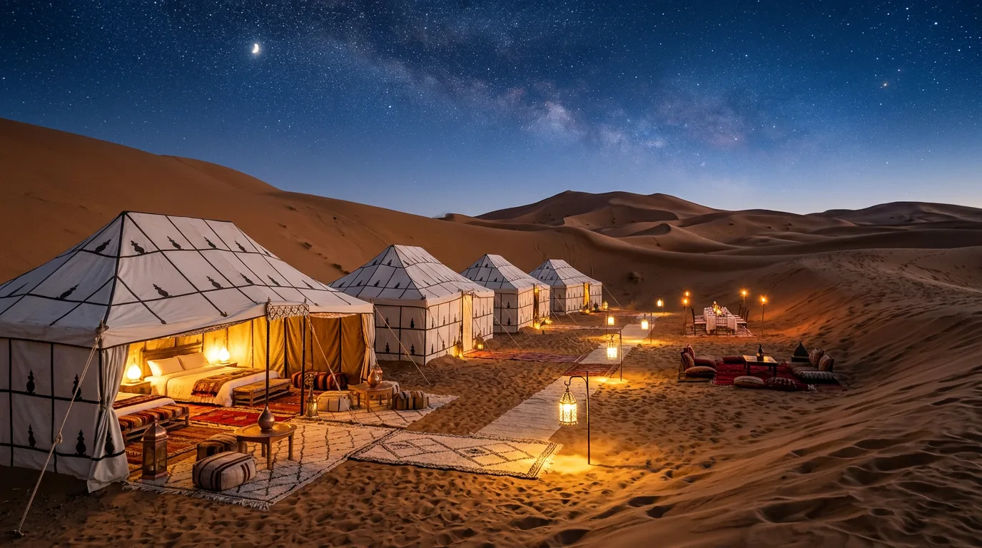 Sahara Desert Adventures camp at dawn beneath the Erg Chebbi dunes near Merzouga